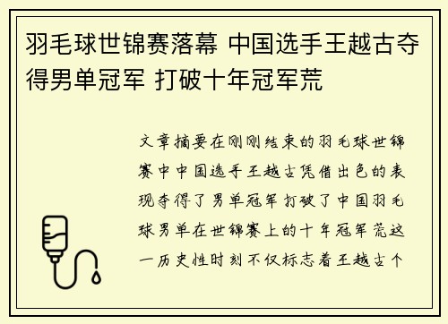 羽毛球世锦赛落幕 中国选手王越古夺得男单冠军 打破十年冠军荒